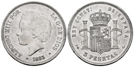 Centenary of the Peseta (1868-1931). Alfonso XIII (1886-1931). 5 pesetas. 1893 *18-93. Madrid. PGL. (Cal-102). Ag. 24,99 g. Minor marks on obverse. Ch...