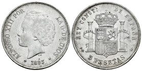 Centenary of the Peseta (1868-1931). Alfonso XIII (1886-1931). 5 pesetas. 1893*18-93. Madrid. PGL. (Cal-102). Ag. 24,84 g. Cleaned. VF/Choice VF. Est....