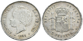 Centenary of the Peseta (1868-1931). Alfonso XIII (1886-1931). 5 pesetas. 1893*18-93. Madrid. PGL. (Cal-102). Ag. 25,00 g. Minor nicks on edge. VF. Es...