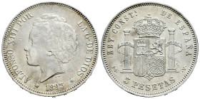Centenary of the Peseta (1868-1931). Alfonso XIII (1886-1931). 5 pesetas. 1893*18-93. Madrid. PGV. (Cal-103). Ag. 24,97 g. Minor marks. VF/Choice VF. ...