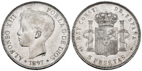 Centenary of the Peseta (1868-1931). Alfonso XIII (1886-1931). 5 pesetas. 1897 *18-97. Madrid. SGV. (Cal-107). Ag. 24,95 g. Minor hairlines. Original ...