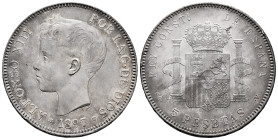 Centenary of the Peseta (1868-1931). Alfonso XIII (1886-1931). 5 pesetas. 1897 *18-97. Madrid. SGV. (Cal-107). Ag. 24,98 g. Minor hairlines. Patina. A...