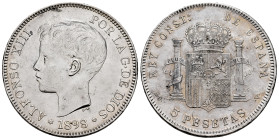Centenary of the Peseta (1868-1931). Alfonso XIII (1886-1931). 5 pesetas. 1898*18-98. Madrid. SGV. (Cal-108). Ag. 24,79 g. Nicks on edge. Cleaned. Cho...