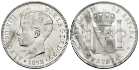Centenary of the Peseta (1868-1931). Alfonso XIII (1886-1931). 5 pesetas. 1898*19-98. Madrid. SGV. (Cal-109). Ag. 25,05 g. Stains. Cleaned. XF. Est......