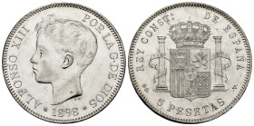 Centenary of the Peseta (1868-1931). Alfonso XIII (1886-1931). 5 pesetas. 1898 *18-98. Madrid. SGV. (Cal-109). Ag. 25,13 g. Hairlines. Original luster...