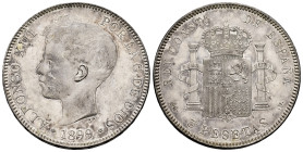 Centenary of the Peseta (1868-1931). Alfonso XIII (1886-1931). 5 pesetas. 1899 *18-99. Madrid. SGV. (Cal-110). Ag. 24,93 g. Scratch on the cheek. Soft...