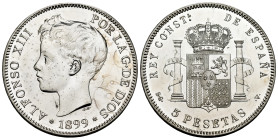 Centenary of the Peseta (1868-1931). Alfonso XIII (1886-1931). 5 pesetas. 1899*18-99. Madrid. SGV. (Cal-110). Ag. 24,90 g. Slightly cleaned. Hairlines...