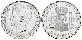 Centenary of the Peseta (1868-1931). Alfonso XIII (1886-1931). 5 pesetas. 1899*18-99. Madrid. SGV. (Cal-110). Ag. 25,02 g. Cleaned. Choice VF. Est...3...