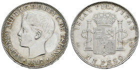 Centenary of the Peseta (1868-1931). Alfonso XIII (1886-1931). 1 peso. 1897. Manila. SGV. (Cal-122). Ag. 24,85 g. Cleaned. Choice VF. Est...100,00. 
...