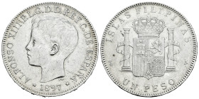 Centenary of the Peseta (1868-1931). Alfonso XIII (1886-1931). 1 peso. 1897. Manila. SGV. (Cal-122). Ag. 24,96 g. Minor scratches. Cleaned. Choice VF....
