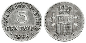 Centenary of the Peseta (1868-1931). Alfonso XIII (1886-1931). 5 centavos. 1896. Puerto Rico. PGV. (Cal-124). Ag. 1,27 g. VF. Est...50,00. 

Spanish...