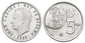Juan Carlos I (1975-2014). 5 pesetas. 1980 *80. Madrid. (JBM-41.3.2b). Ag. 6,04 g. Silver strike. Mint state. Est...160,00. 

Spanish description: J...