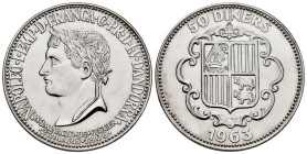 Andorra. 50 diners. 1964. (Km-10/8). Ag. 27,78 g. Hybrid coinage whose reverse corresponds to the type Bisbe J. Benlloch km#8. very rare. PROOF. Est.....