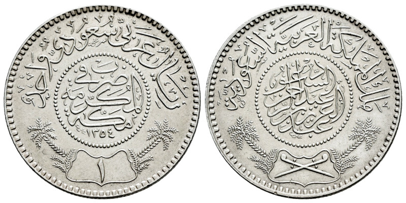 Saudi Arabia. 1 riyal. 1354 H (1935). (Km-18). Ag. 11,95 g. AU/AU. Est...30,00. ...