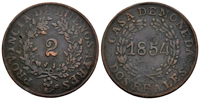 Argentina. 2 centavos. 1854. Buenos Aires. (Km-9). Ae. 6,77 g. Knocks. Choice F....