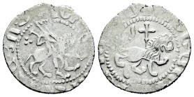 Armenia. Levon II (1270-1289). Tram. Ayas. (AC-377). Anv.: Levon riding horse right, head facing, holding lis-tipped sceptre. Rev.: Lion advancing rig...