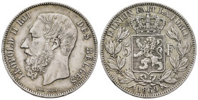 Belgium. Leopold II. 5 francs. 1869. (Km-276). Ag. 25,83 g. Nicks on edge. Choice F. Est...35,00. 

Spanish description: Bélgica. Leopold II. 5 fran...