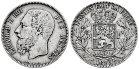 Belgium. Leopold II. 5 francs. 1875. (Km-24). Ag. 24,81 g. Minor nick on edge. Toned. VF. Est...25,00. 

Spanish description: Bélgica. Leopold II. 5...