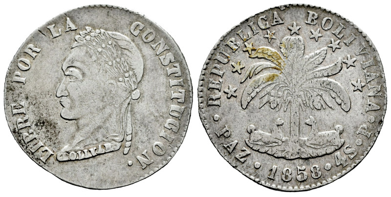 Bolivia. 4 soles. 1858. La Paz. P. (Km-130). Ag. 13,32 g. Scarce. Choice VF. Est...