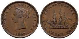 Canada. Victoria Queen. Token (1 penny). 1843. New Brunswick. (Km-Tn1). Ae. 17,69 g. VF. Est...60,00. 

Spanish description: Canadá. Victoria. Token...