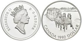 Canada. Elizabeth II. 1 dollar. 1992. (Km-210). Ag. 24,98 g. 175th Anniversary of the Kingston Stagecoach. PROOF. Est...35,00. 

Spanish description...