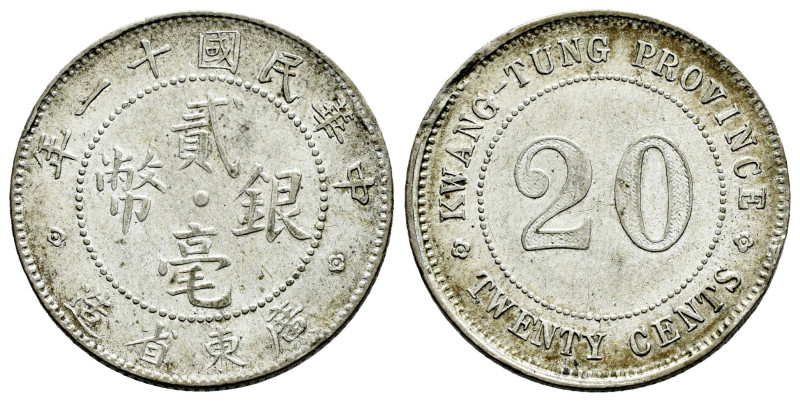 China. 20 cents. Año 11 (1922). Kwangtung Province. (Km-Y423). Ag. 5,29 g. Knock...