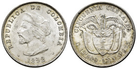 Colombia. 50 centavos. 1892. (Km-187.2). Ag. 12,46 g. XF. Est...60,00. 

Spanish description: Colombia. 50 centavos. 1892. (Km-187.2). Ag. 12,46 g. ...