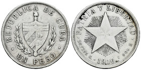 Cuba. 1 peso. 1916. (Km-15.2). Ag. 26,27 g. Cleaned. VF. Est...30,00. 

Spanish description: Cuba. 1 peso. 1916. (Km-15.2). Ag. 26,27 g. Limpiada. M...