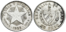 Cuba. 1 peso. 1932. (Km-15.2). Ag. 26,65 g. Slightly cleaned. Choice VF. Est...35,00. 

Spanish description: Cuba. 1 peso. 1932. (Km-15.2). Ag. 26,6...