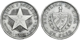 Cuba. 1 peso. 1933. (Km-15.2). Ag. 26,65 g. Nicks on edge. Cleaned. Choice VF. Est...25,00. 

Spanish description: Cuba. 1 peso. 1933. (Km-15.2). Ag...