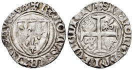 France. Charles VI. Blanca de Guènar. (1380-1422). (Duplessy-377A). Ag. 2,92 g. VF. Est...60,00. 

Spanish description: Francia. Carlos VI. Blanca d...