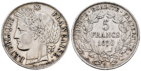 France. II Republic. 5 francs. 1850. Paris. A. (Km-761.1). (Gad-719). Ag. 24,80 g. Slightly cleaned. Choice VF. Est...35,00. 

Spanish description: ...