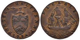 Great Britain. George III. Token (1/2 penny). 1794. Ae. 10,50 g. PORTSEA HALFPENNY. VF. Est...60,00. 

Spanish description: Gran Bretaña. George III...