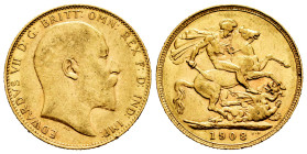 Great Britain. Edward VII. 1 sovereign. 1908. (Km-805). Au. 7,95 g. Minor nicks on edge. Almost XF. Est...400,00. 

Spanish description: Gran Bretañ...