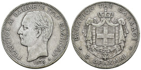 Greece. George I. 5 drachms. 1875. (Km-46). Ag. 24,73 g. Almost VF. Est...30,00. 

Spanish description: Grecia. George I. 5 dracmas. 1875. (Km-46). ...
