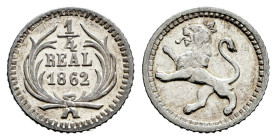 Guatemala. 1/4 real. 1862. (Km-130). Ag. 0,71 g. Choice VF. Est...25,00. 

Spanish description: Guatemala. 1/4 real. 1862. (Km-130). Ag. 0,71 g. MBC...