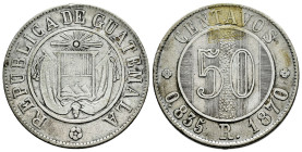 Guatemala. 50 centavos. 1870. (Km-195). Ag. 12,33 g. VF. Est...30,00. 

Spanish description: Guatemala. 50 centavos. 1870. (Km-195). Ag. 12,33 g. MB...