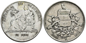 Guatemala. 1 peso. 1872. P. (Km-197.1). Ag. 25,21 g. Minor nicks on edge. It retains adhesive on obverse. VF. Est...60,00. 

Spanish description: Gu...