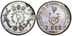 Equatorial Guinea. 2000 ekuele. 1979. (Km-38). Ag. 42,75 g. FIFA World Cup in Argentina, mintage of 195 pieces. PROOF. Est...120,00. 

Spanish descr...