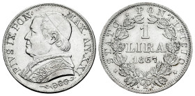Italy. Papal States. Pio IX. 1 lira. 1867 (Ann XXI). Rome. R. (Km-1378). (Mont-364). Ag. 4,91 g. Cleaned. Almost XF. Est...30,00. 

Spanish descript...
