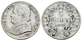 Italy. Papal States. Pio IX. 1 lira. 1867 (AN. XXI). Rome. R. (Km-1378). (Mont-364). Ag. 4,97 g. Almost VF. Est...20,00. 

Spanish description: Ital...