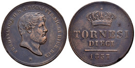 Italy. Napoli and Sicily. Ferdinando II. 10 tornesi. 1857. (Km-369). (Mont-1034). Ae. 29,55 g. Nicks on edge. Almost VF. Est...30,00. 

Spanish desc...