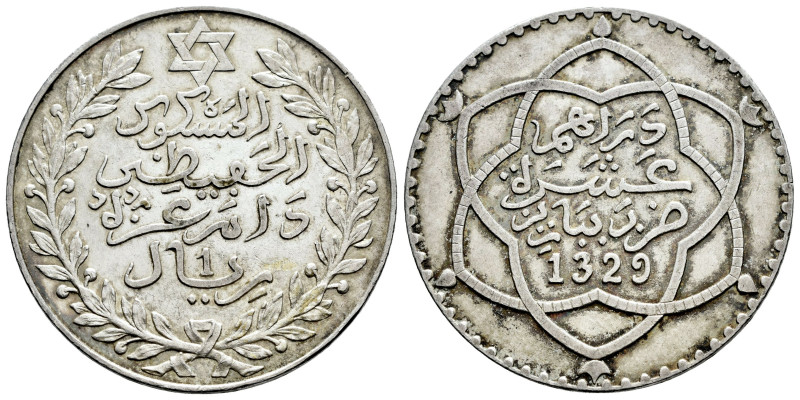 Morocoo. Abd Al-Hafiz. 1 rial (10 dinars). 1329 H (1911). Paris. (Km-Y25). Ag. 2...