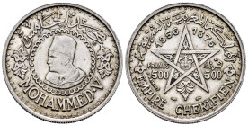 Morocoo. Mohammed V. 500 francs. 1956 (1376 H). Paris. (Km-Y54). Ag. 22,64 g. XF. Est...35,00. 

Spanish description: Marruecos. Mohammed V. 500 fra...