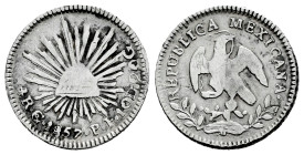 Mexico. 1/2 real. 1857. Guanajuato. PF. (Km-370.1). Ag. 1,70 g. Almost VF. Est...30,00. 

Spanish description: México. 1/2 real. 1857. Guanajuato. P...