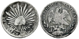Mexico. 2 reales. 1825. Zacatecas. (Km-374.12). Ag. 6,43 g. Scratches. F. Est...30,00. 

Spanish description: México. 2 reales. 1825. Zacatecas. (Km...