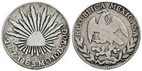 Mexico. 2 reales. 1863. Zacatecas. MO. (Km-374.12). Ag. 6,28 g. Choice F. Est...30,00. 

Spanish description: México. 2 reales. 1863. Zacatecas. MO....