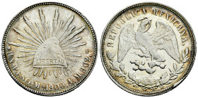 Mexico. 1 peso. 1900. Mexico. AM. (Km-409.2). Ag. 26,96 g. Soft tone. VF. Est...40,00. 

Spanish description: México. 1 peso. 1900. México. AM. (Km-...