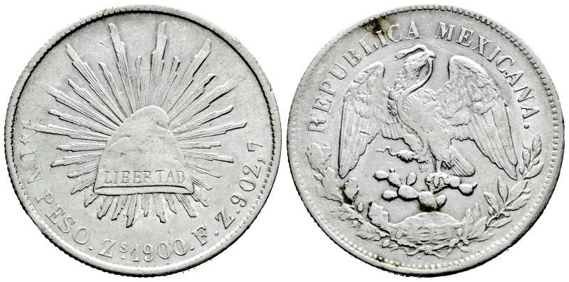 Mexico. 1 peso. 1900. Zacatecas. FZ. (Km-409.3). Ag. 27,08 g. Choice VF/VF. Est....