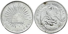 Mexico. 1 peso. 1900. Zacatecas. FZ. (Km-409.3). Ag. 27,08 g. Choice VF/VF. Est...40,00. 

Spanish description: México. 1 peso. 1900. Zacatecas. FZ....
